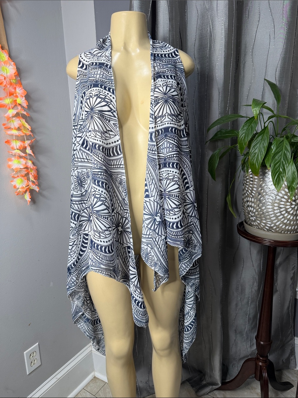 Mad Style Stylish Blue and White Geometric Draped Vest One Size